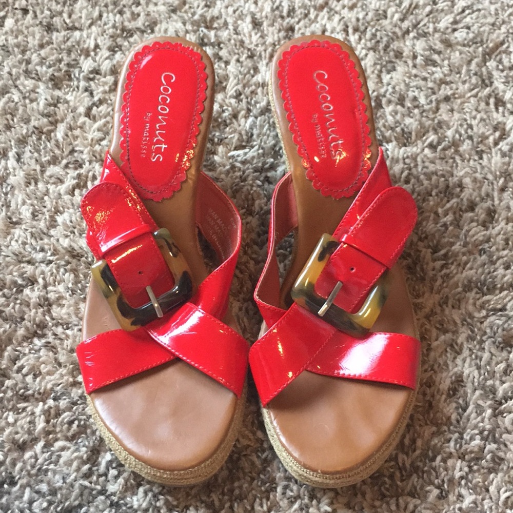 Size 9 red and tan strapped wedges with buckle.